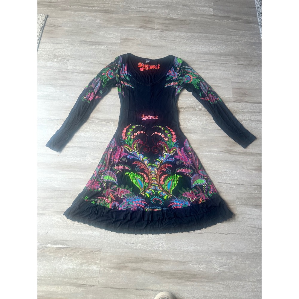Desigual Dress Women XS Black Floral Paisley Long Sleeve Ruffle Boho Artistic